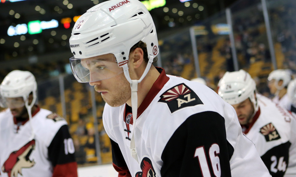 Arizona Coyotes left wing Max Domi (16) waits to warm up. The Boston Bruins defeated the Arizona Coyotes 6-0 in a regular season NHL game at TD Garden in Boston, Massachsetts. (Photograph by Fred Kfoury III/Icon Sportswire)